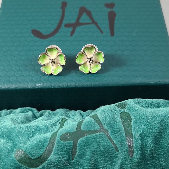 JAi John Hardy Floral 925 Sterling Silver Earrings Studs Green flowers Enamel - Picture 3 of 6